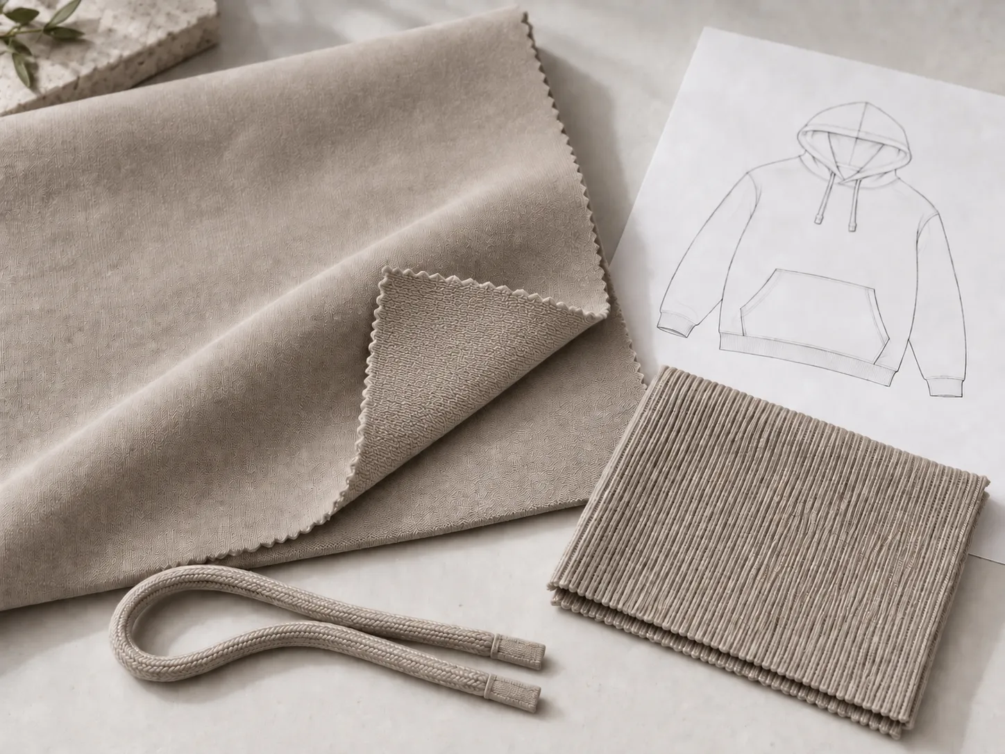 Stone fabric swatches and matching drawcords laid out for selection