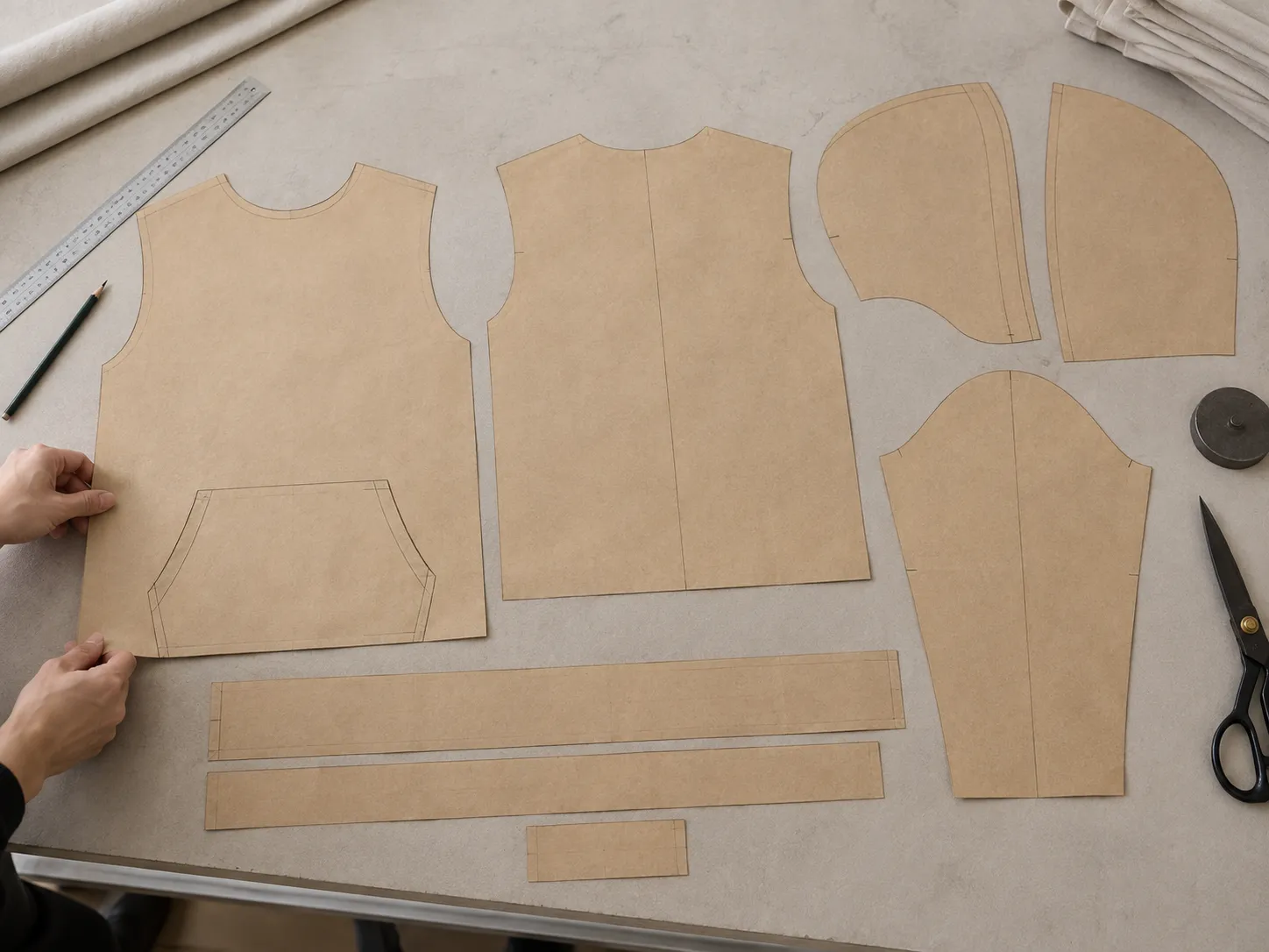 Paper hoodie pattern pieces and drawing tools arranged on a worktable