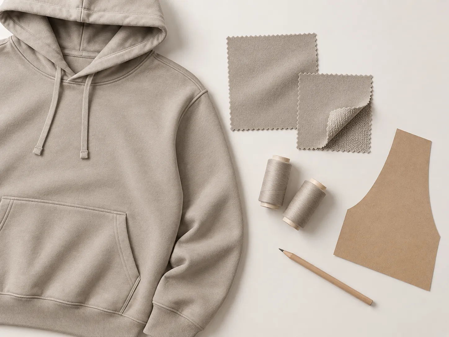 A stone hoodie beside matching fabric swatches, thread spools, a paper pattern piece, and a pencil.
