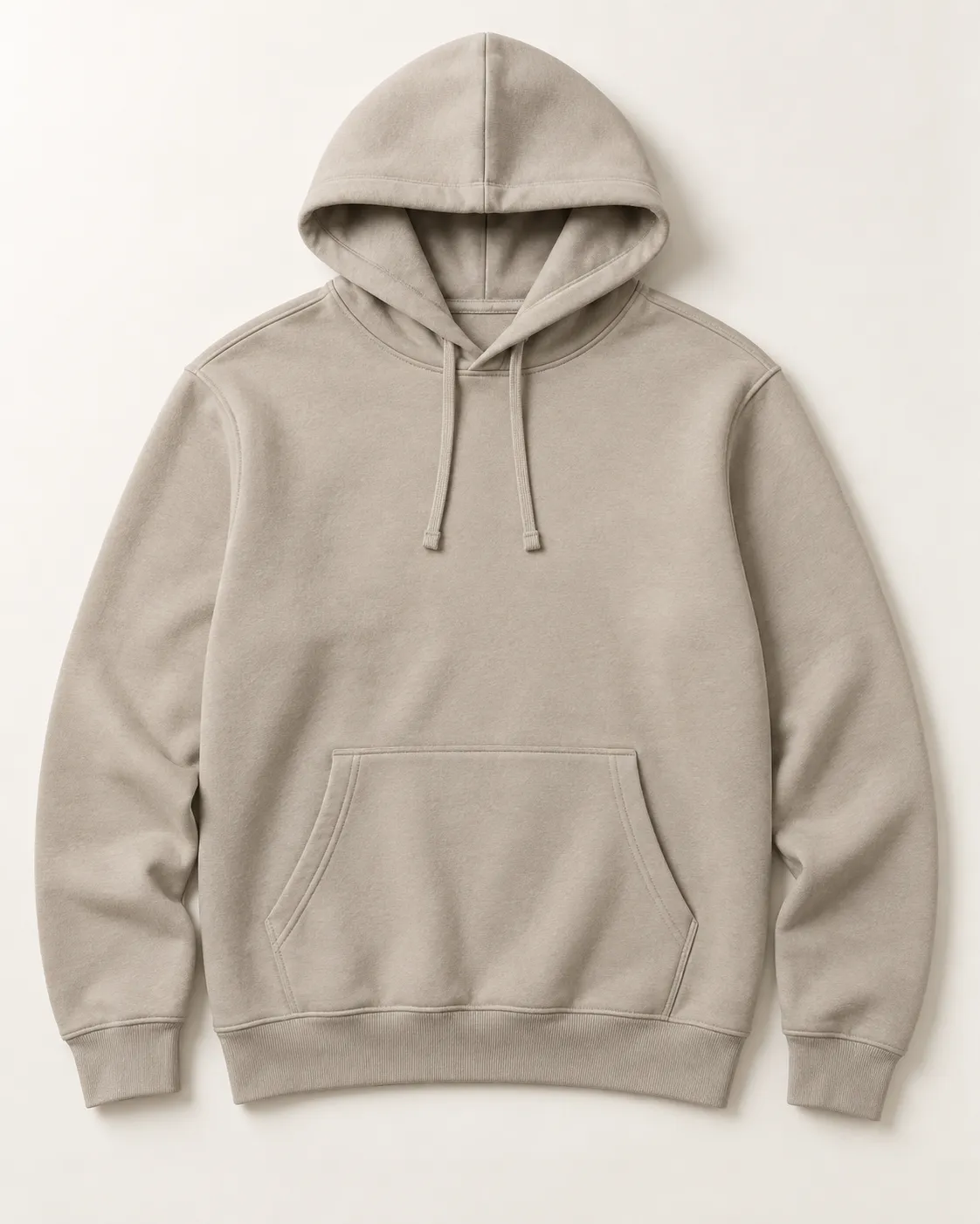 Front view of a stone pullover hoodie with a kangaroo pocket, illustrating the pullover category.
