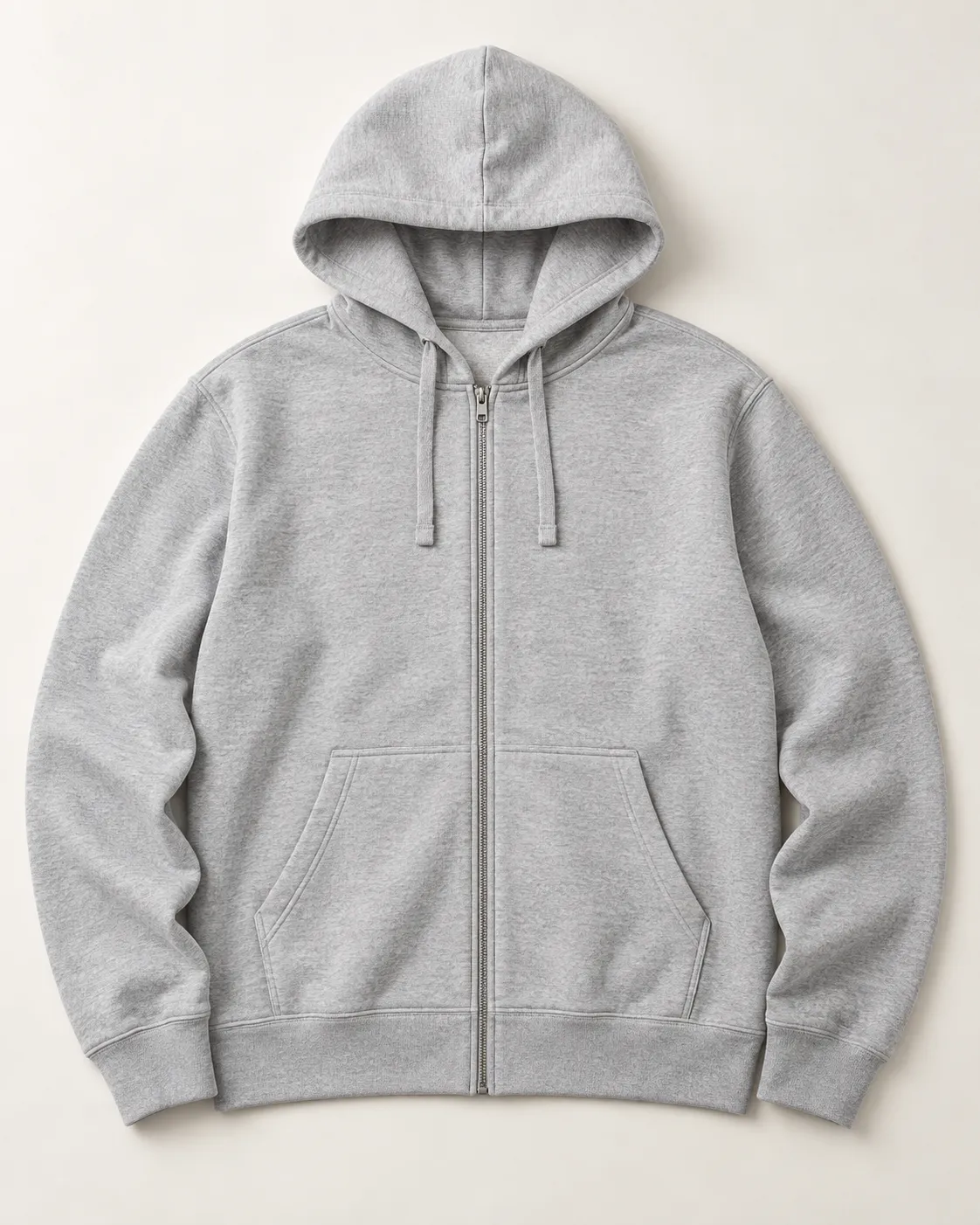 Front view of a grey zip hoodie with a full-length zipper, illustrating the zip hoodie category.