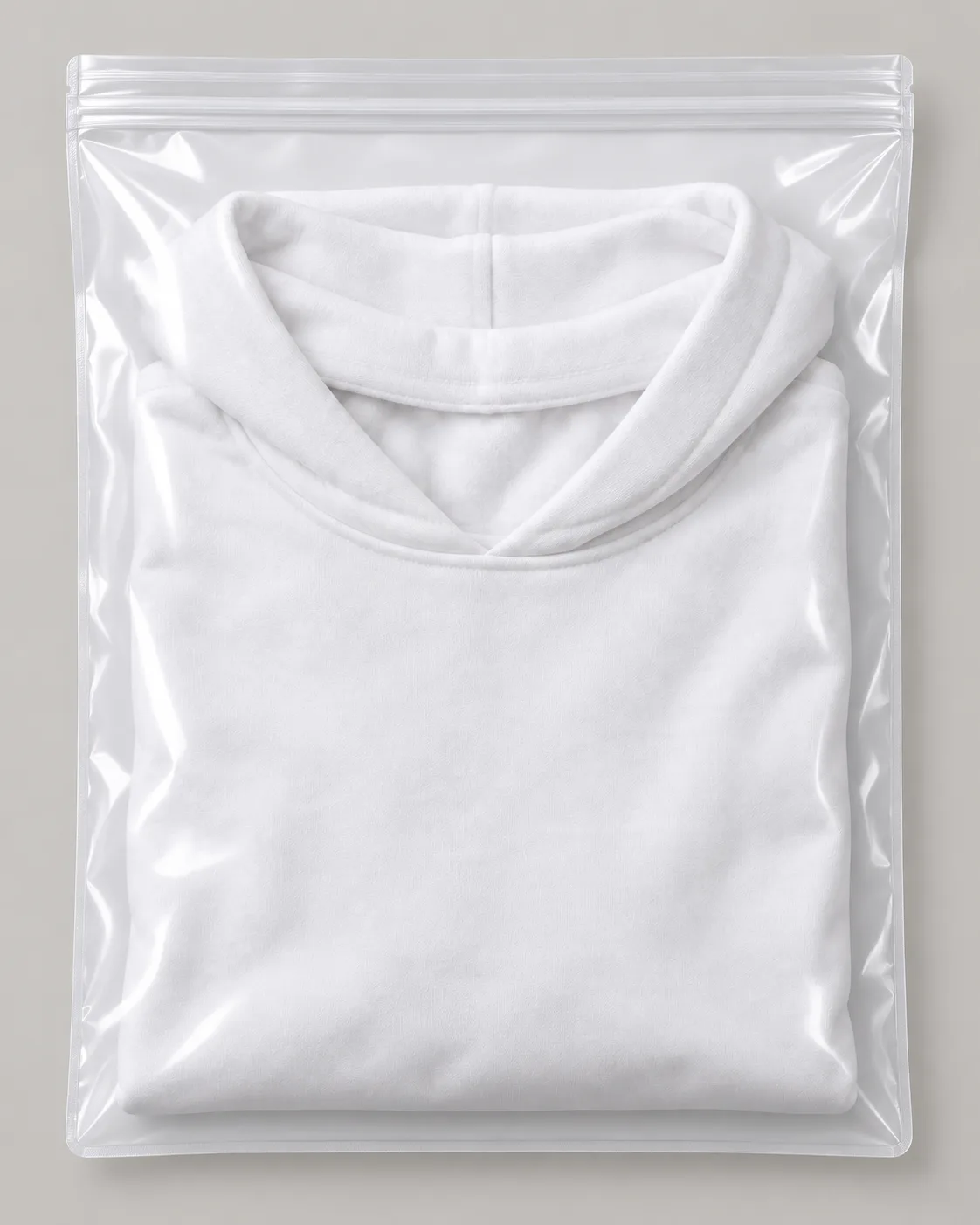 A folded white hoodie in a clear garment bag.