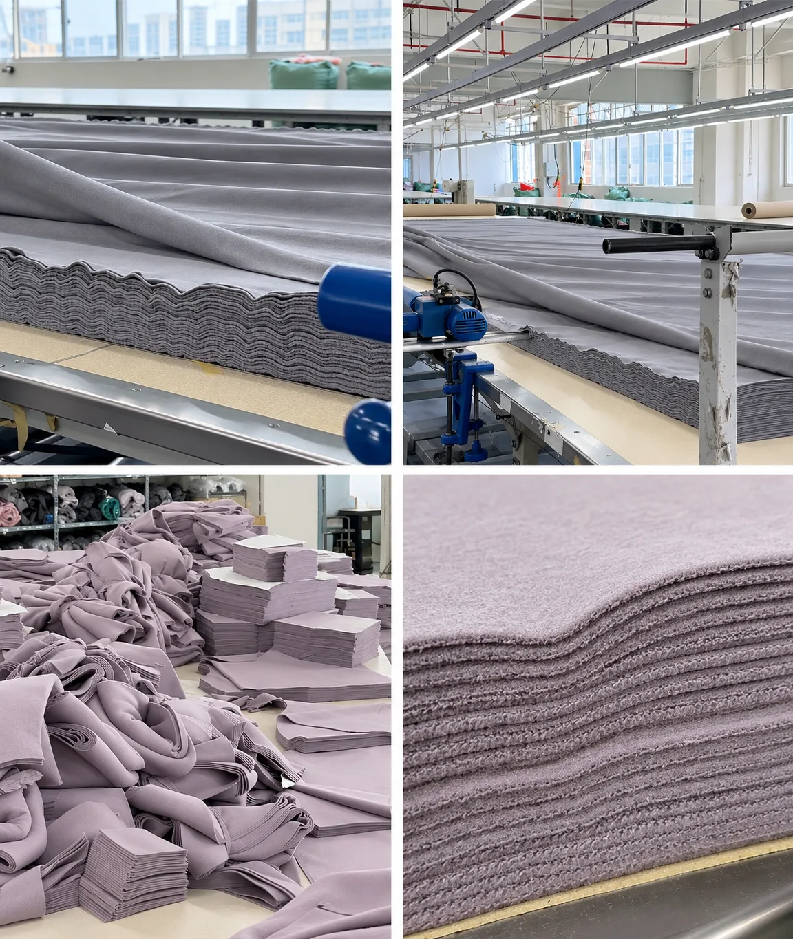 Four photographs showing fabric spreading, stacked cut panels and aligned fabric edges.