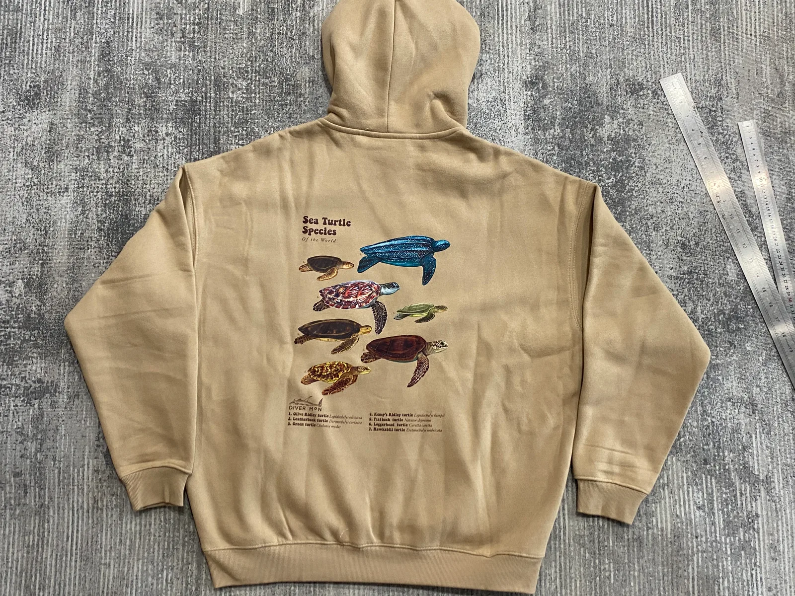 Tan hoodie with a multicolor illustrated back graphic beside a ruler.