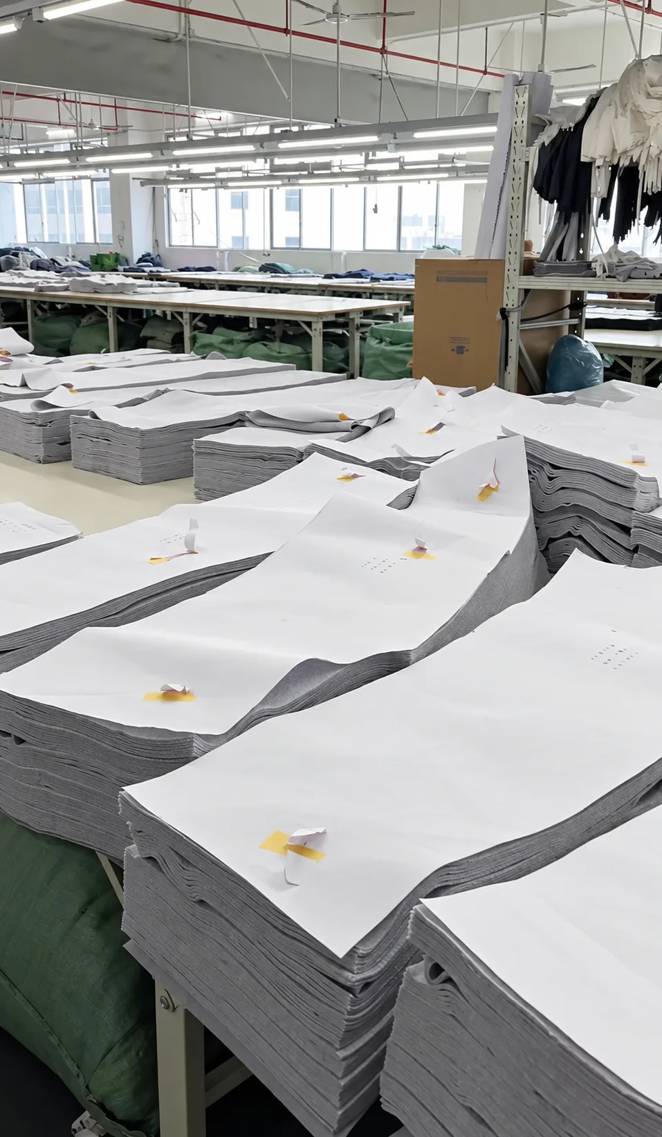 Stacks of cut grey fabric panels arranged across tables in the workshop.