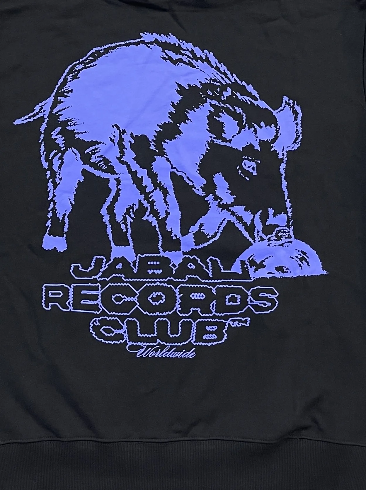 Purple illustrated print with lettering on black garment fabric.