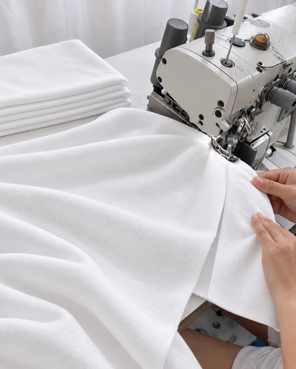 Close view of overlock stitching along a white garment seam.