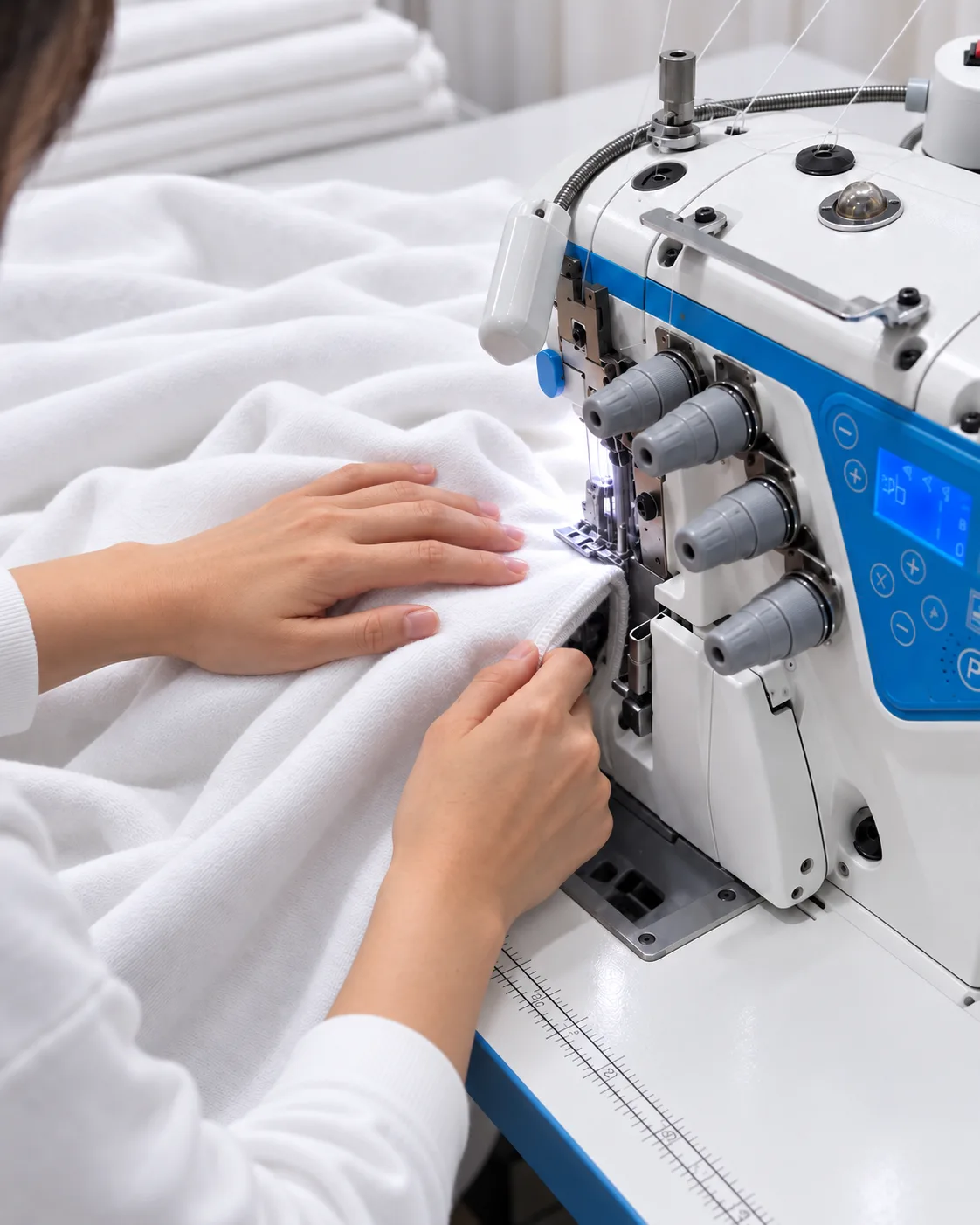 White garment panels being guided through a sewing machine.