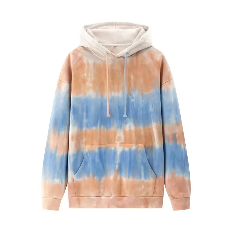 Pullover hoodie with soft orange and blue bands of tie-dyed color.