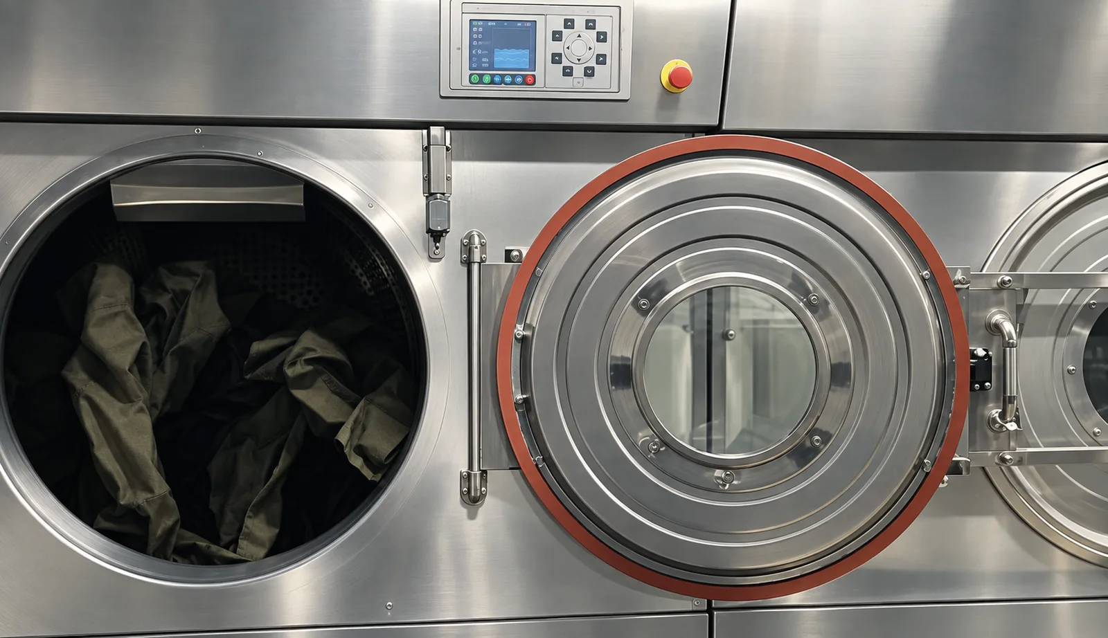 Industrial garment-washing drums with garments in the workshop.