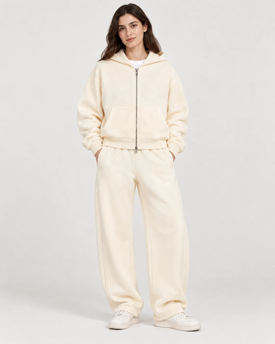 Arc 360 Zip Hoodie in Apricot, female model · matching set