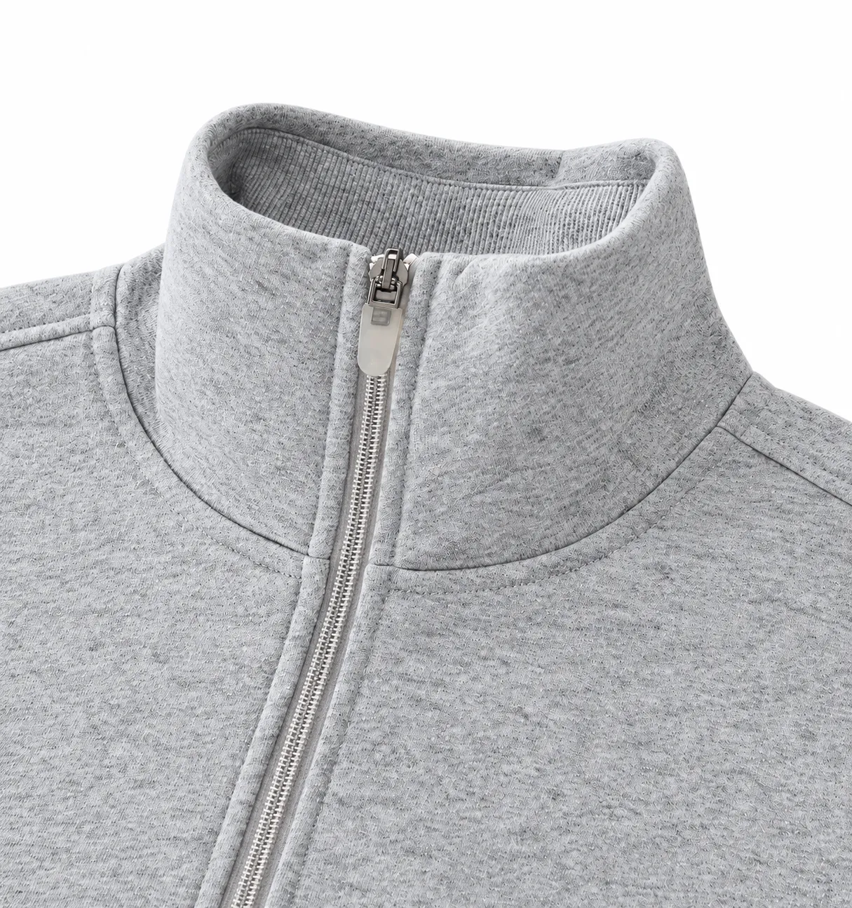 Stand collar, metal half zip and shoulder stitching.