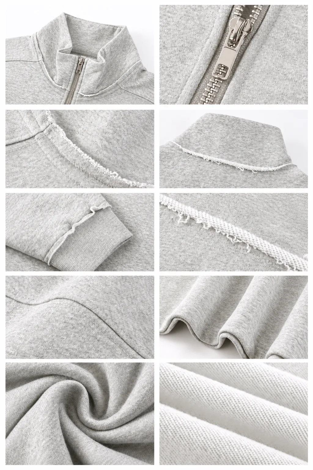 Collar, metal zip, seam finishing, cuff and open-hem details.