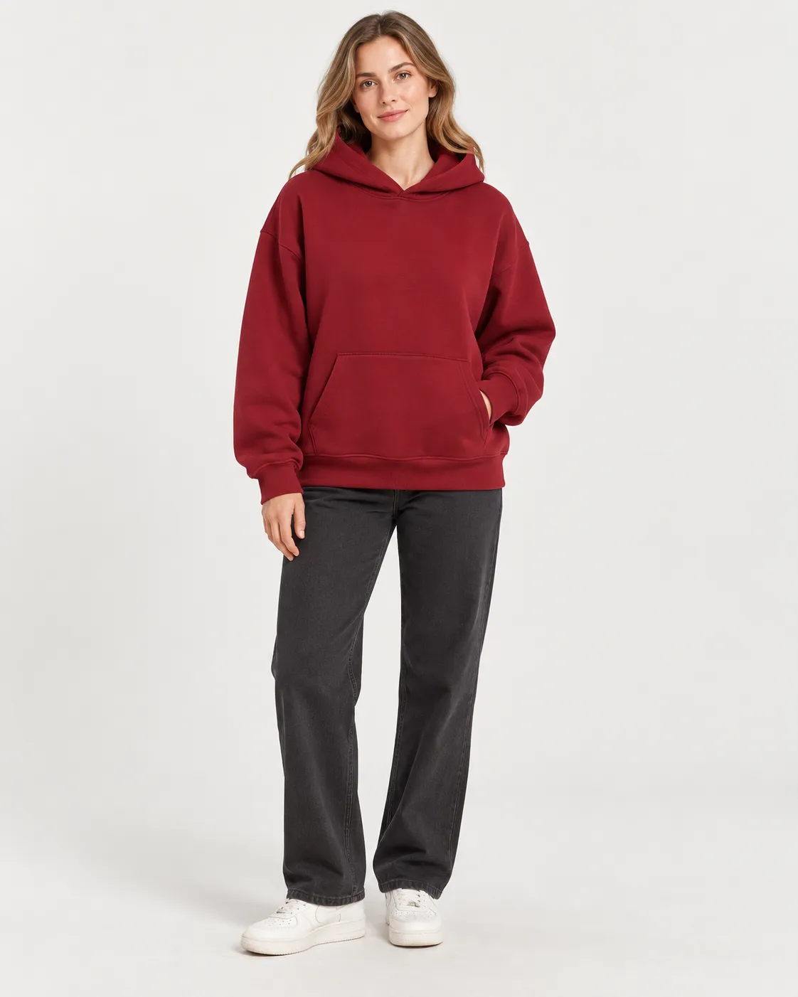 Frame 380 Hoodie in Burgundy, female model