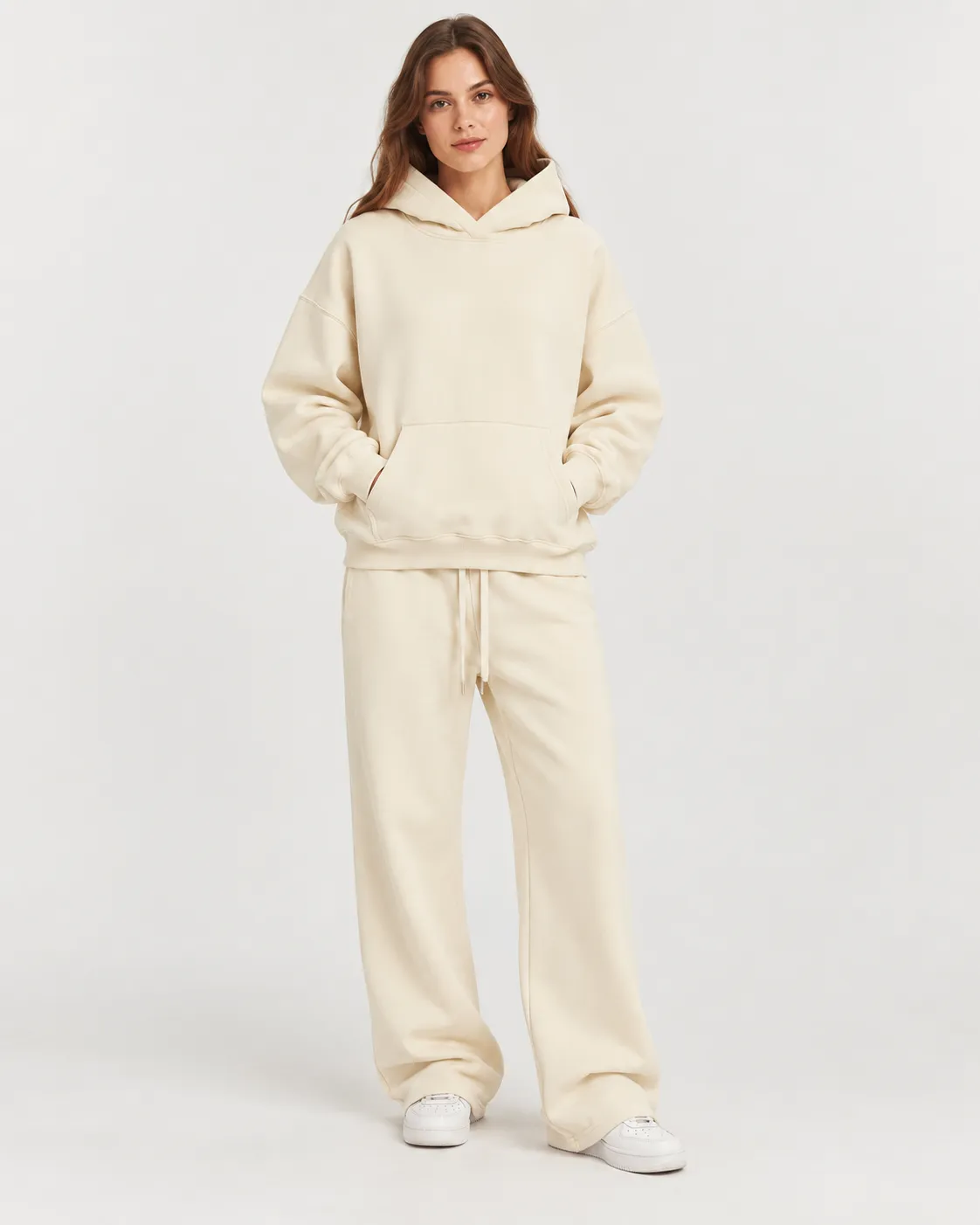 Loft 350 Hoodie in Cream Apricot, female model · matching set