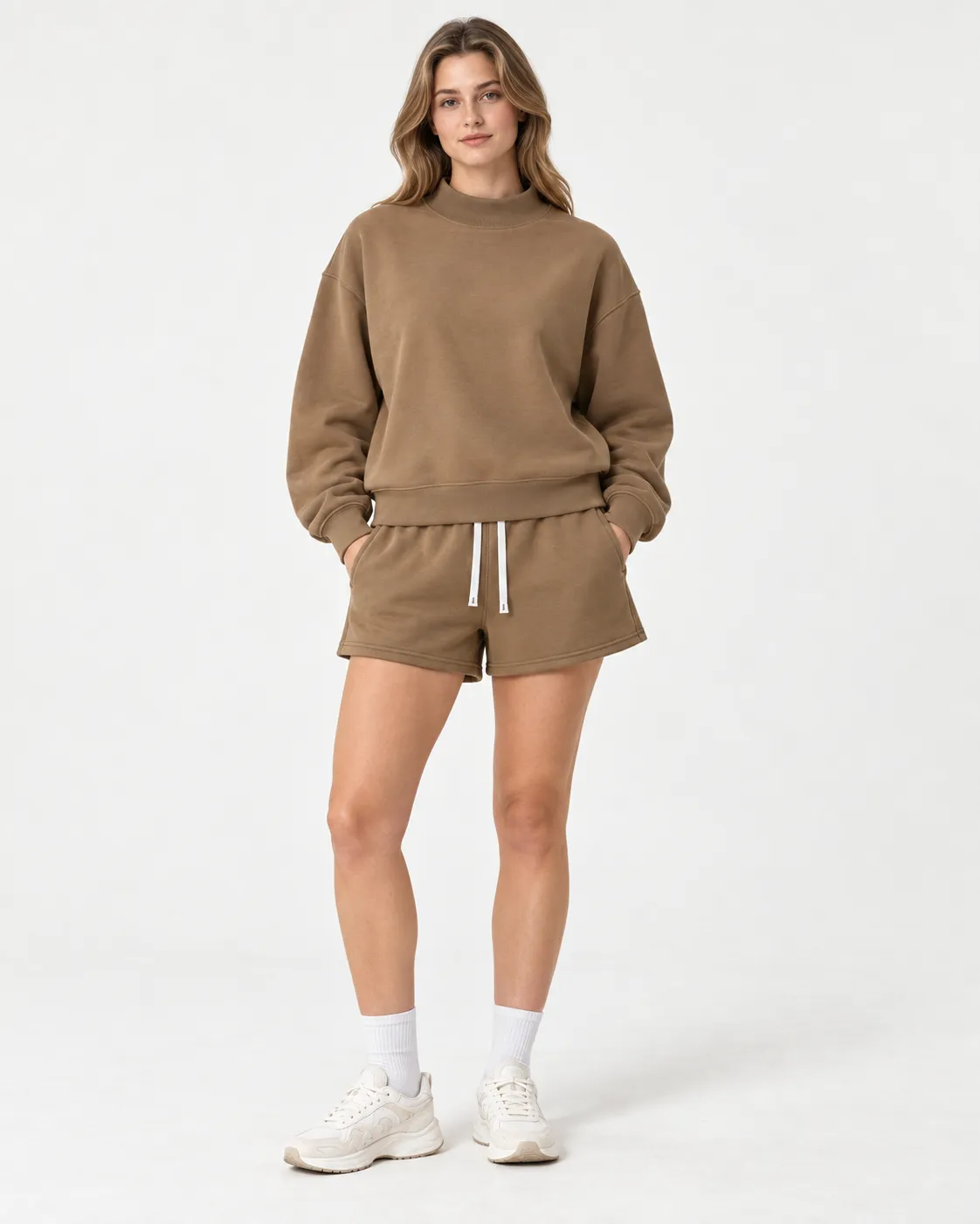 Rise 350 Mock-Neck in Brown, female model · matching set