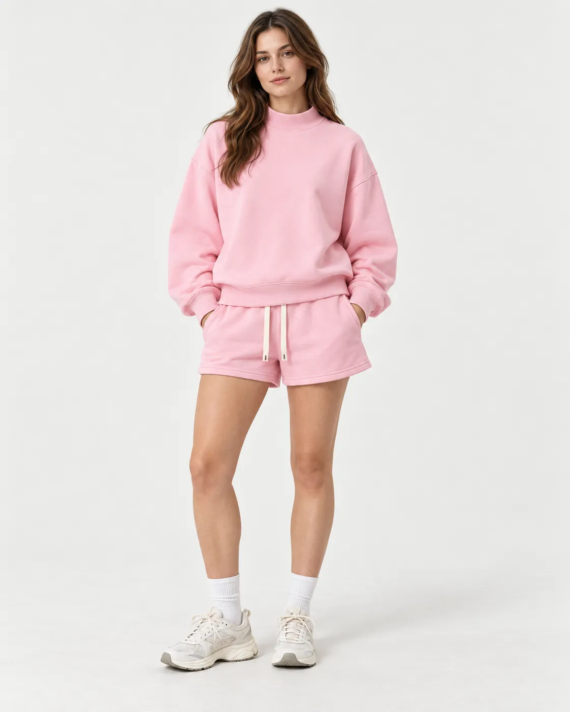 Rise 350 Mock-Neck in Pink, female model · matching set